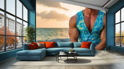 Male model as lifeguard at beach Wall mural