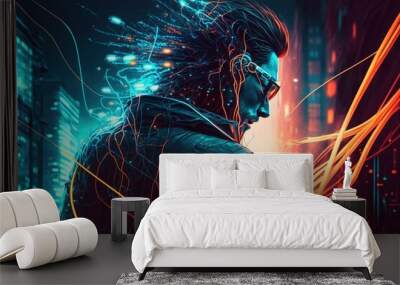 Sillhoutte of cyberpunk people have super power from neural network. Generative AI Wall mural