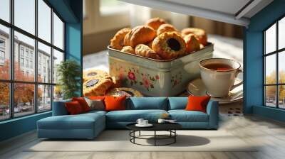 A charming scene with a box of baked cookies and a cup of tea, evoking warmth and nostalgia from a sunlit room, perfect for a cozy afternoon. Wall mural