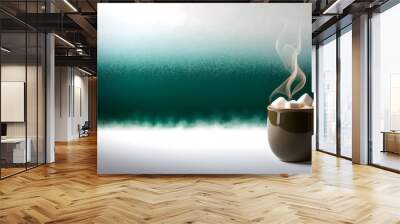 A steaming mug of hot chocolate topped with fluffy marshmallows, creating a warm and inviting atmosphere perfect for cozy winter days. Wall mural