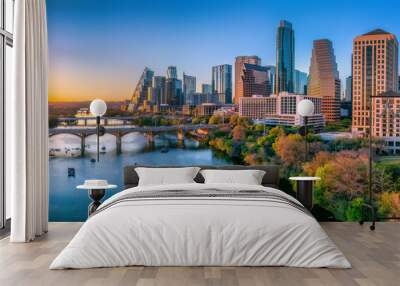 Austin, Texas- Panoramic cityscape and Colorado River against the sunset sky Wall mural