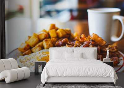 Bacon, eggs and home fries served with coffee Wall mural