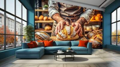 Baker holding fresh bread loaf. Artisan bakery concept Wall mural