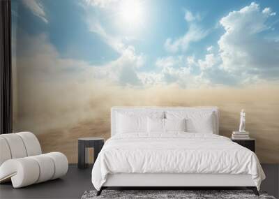 beautiful smooth sand ground with sand storm, bright sunny day, dust smoke, blue sky  Wall mural