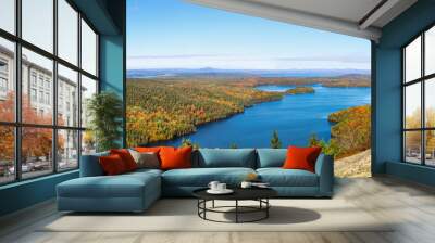 Panoramic aerial view of the blue water and fall foliage surrounding Long Pond in Acadia National Park Wall mural