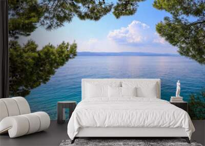 View through the trees of the stunning clear blue water of Brela Beach Croatia  Wall mural