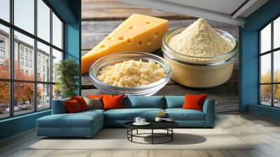 Cheese powder and sliced cheese on wooden table Wall mural