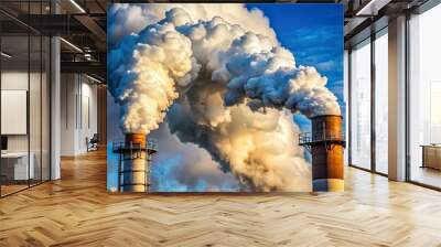 Closeup of factory smokestack with thick smoke rising Wall mural