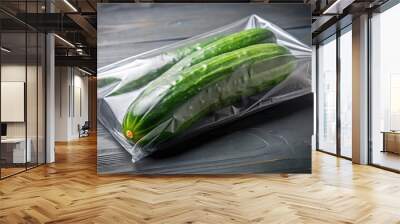 cucumber in plastic bag. Vegetable storage and preservation Wall mural