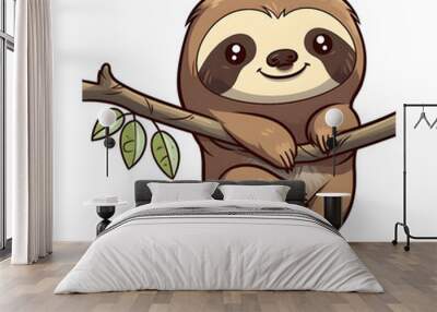 Cute kawaii happy funny sloth hanging out on a tree branch.  Transparent background.   Wall mural