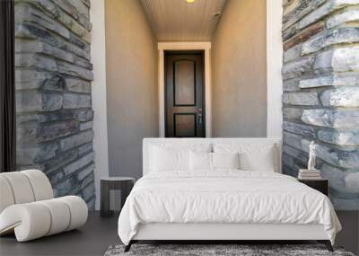 Dark brown front door at the entrance of home with white wall and ceiling light Wall mural