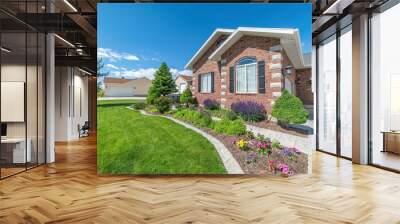 Facade of a house with colorful front yard garden and concrete walkway Wall mural