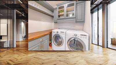 Modern laundry with gray shelves and two washing machines Wall mural