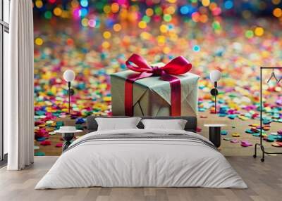 gift box with confetti falling on floor. Special reward and present Wall mural