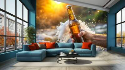 hand hold beer bottle on refreshing background Wall mural