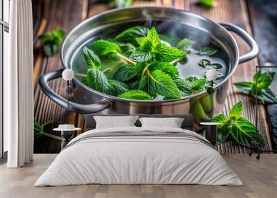 herbal leaves in hot water pot with steam Wall mural