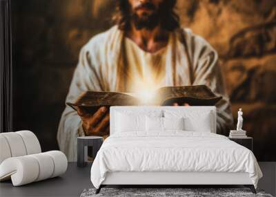 Jesus holding holding out an open Bible inviting people to read God's message. Wall mural