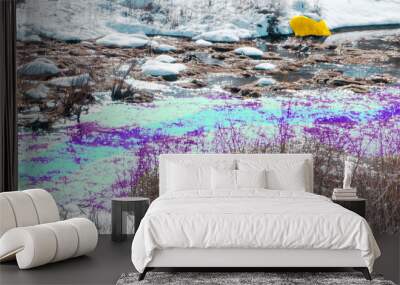 Multi- colored river with gold rock in snow. Wall mural