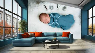 Newborn baby boy sleeping and swaddled  Wall mural