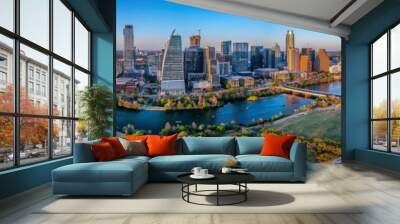 Panoramic cityscape of Austin, Texas near the Colorado River against the sunset skyline Wall mural