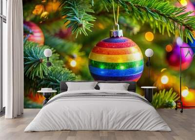 Rainbow christmas ornament on green tree with lights Wall mural