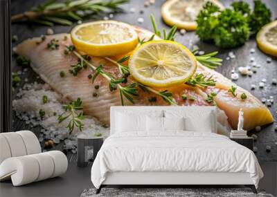 raw fish filet with lemon and salt seasoning. Raw seafood prepare in kitchen Wall mural