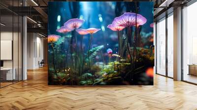 Magic mushrooms in the forest at night Wall mural