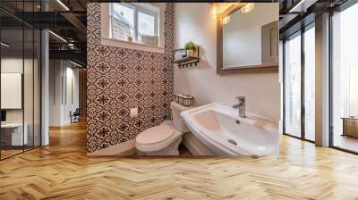 Sink toilet and mirror inside residential bathroom with decorative accent wall Wall mural