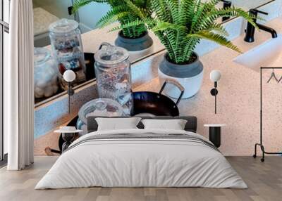 Square crop Potted fern and tray with jars between two sinks with black faucet over cabinets Wall mural