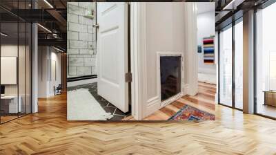 Square frame Interior of home with carpet on wooden floor and glass pane on the white wall Wall mural