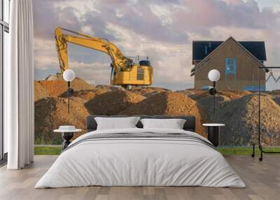 Square Puffy clouds at sunset Construction sand piles with two excavators at Utah Wall mural