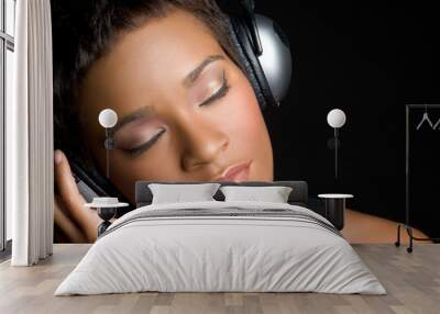 Black Woman Wearing Headphones Wall mural