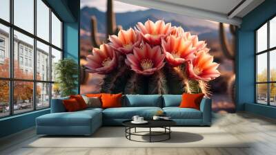 Stunning close-up of a cactus adorned with vibrant pink flowers, set against a backdrop of mountains at sunset, showcasing nature's beauty in arid regions. Wall mural