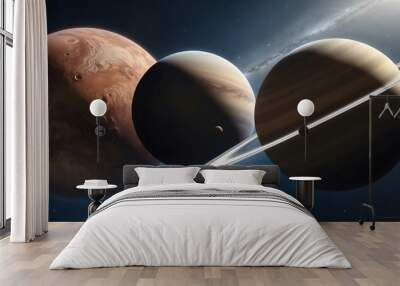 Stunning digital artwork showcasing three planets, highlighting their unique features against a backdrop of stars and galaxies, evoking a sense of wonder. Wall mural