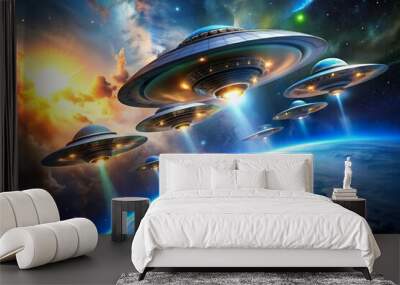 ufo fleet attack the earth. Scifi futuristic concept Wall mural