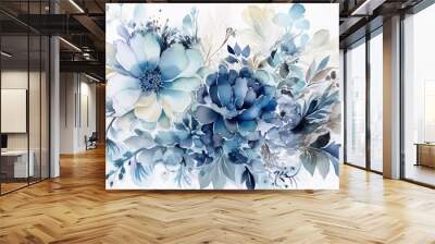 Vintage watercolor floral design with blue abstract flowers and leaves on white background. Generative AI Wall mural