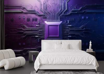 Visually striking abstract illustration of a microchip surrounded by circuit pathways, blending technology and art in a purple and blue color scheme. Wall mural