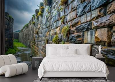 wet ancient castle wall with moss after rain Wall mural