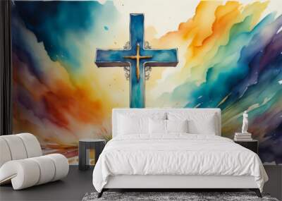 A watercolor painting of a vibrantly colored Cristian cross. Wall mural