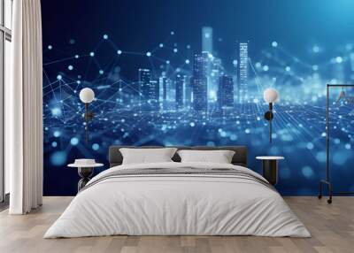 Bright light blue digital networking, internet, cyber and business background Wall mural