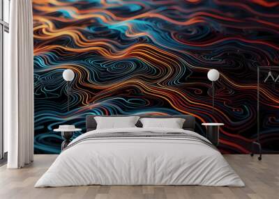 Colorful wavy neon lines background on black Wall mural