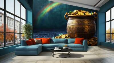 Pot of gold and a rainbow with copy space Wall mural