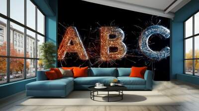 The letters A, B, and C, as sparks and isolated on black. Wall mural