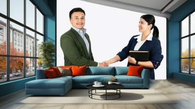 Formal meeting of a businessman and business woman deal handshake and explanation with gestures Wall mural