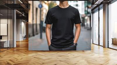 Young Model Shirt Mockup, Boy wearing black t-shirt on street in daylight, Shirt Mockup Template on hipster adult for design print, Male guy wearing casual t-shirt mockup placement Wall mural