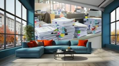 Pile of unfinished documents on office desk, Stack of business paper Wall mural