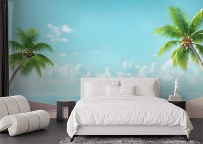 A beautiful beach scene with two palm trees and a blue ocean Wall mural