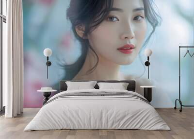 a beauty asian woman with a white dress and red lipstick with blur background Wall mural