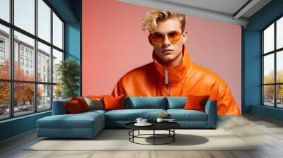 A man in an orange jacket and sunglasses is posing for a photo Wall mural