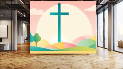 Easter Sunday with cross symbol sunrise background. Christian day illustration template for poster, presentation, banner, social media. Wall mural